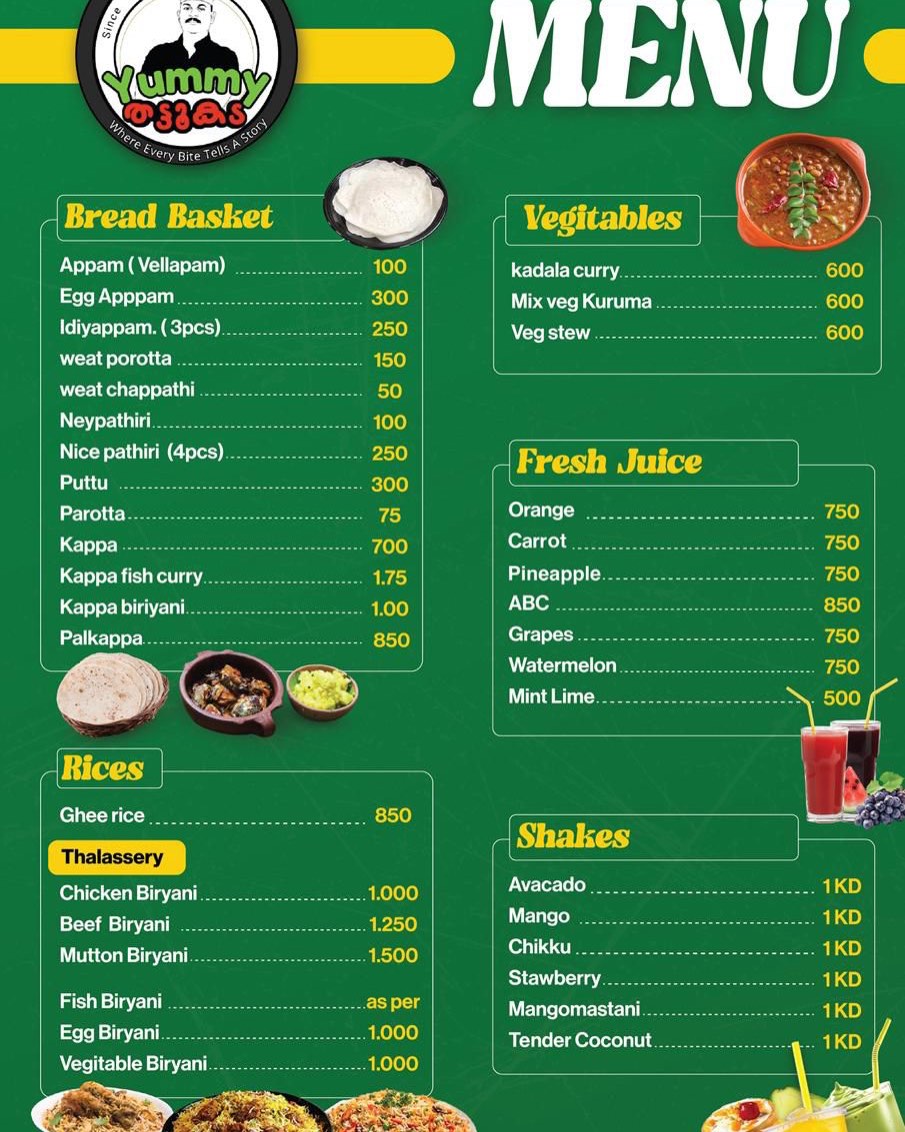 Menu Card — Bread Basket, Biryani, Juices & Shakes